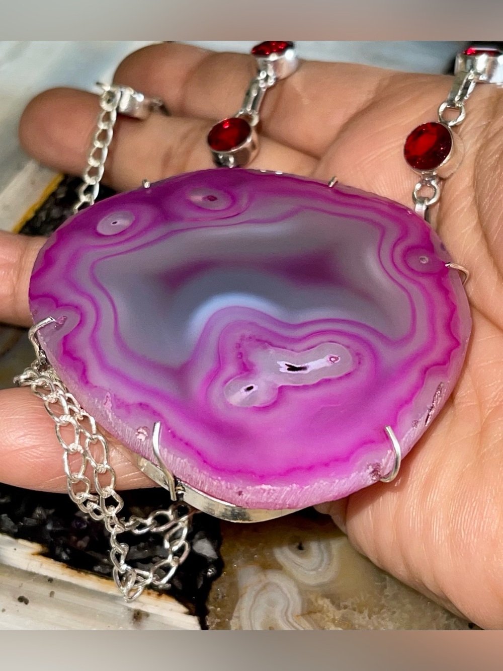 Jumbo Pink Slice Stalactite Agate Pendant Necklace
